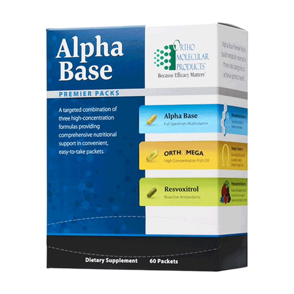 Alpha Base dietary supplement packaging with Orth Molecular Products branding on a white background