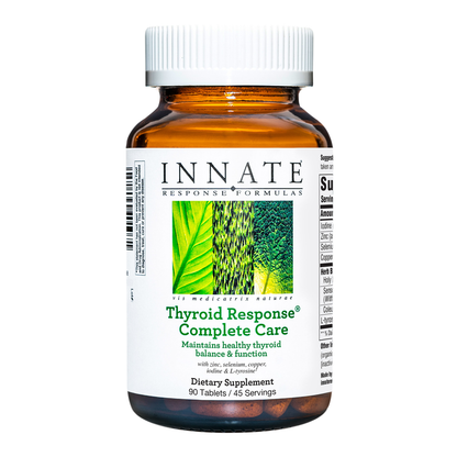 A bottle of Innate Response Thyroid Response Complete Care supplements with 90 tablets for 45 servings, featuring iodine, zinc, selenium, copper, and L-tyrosine, among other ingredients.
