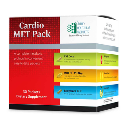 Cardio MET Pack dietary supplement box with Ortho Molecular Products branding on a white background