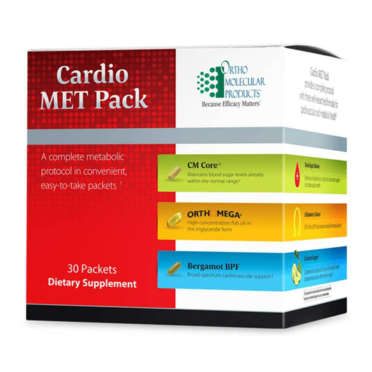 Cardio MET Pack dietary supplement box with Ortho Molecular Products branding on a white background