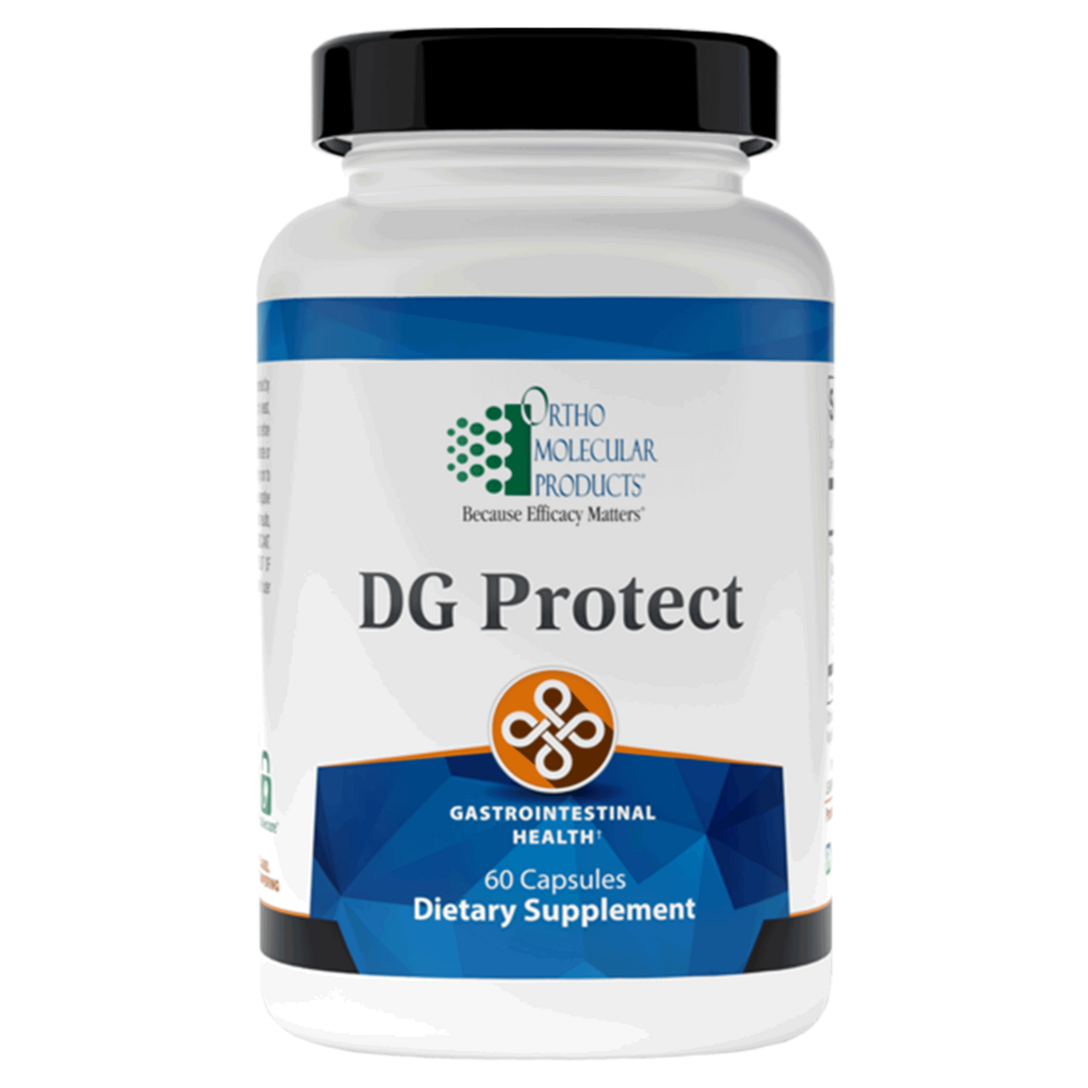 Supplement bottle labeled 'DG Protect' by Ortho Molecular Products on a white background