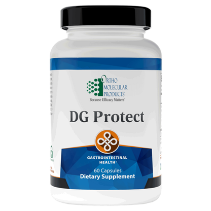 Supplement bottle labeled 'DG Protect' by Ortho Molecular Products on a white background