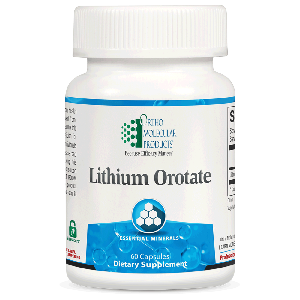 Bottle of Lithium Orotate dietary supplement with Ortho Molecular Products label on a white background