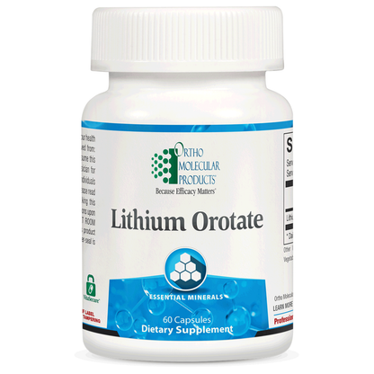 Bottle of Lithium Orotate dietary supplement with Ortho Molecular Products label on a white background