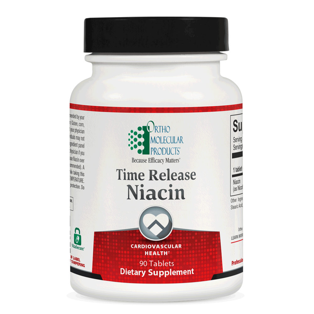 Bottle of Ortho Molecular Products Time Release Niacin dietary supplement on a white background