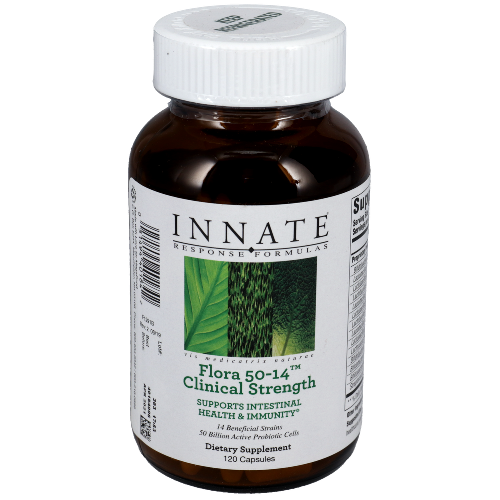 A whote bottle that says Innate Response Flora 50-14 Clinical Strength