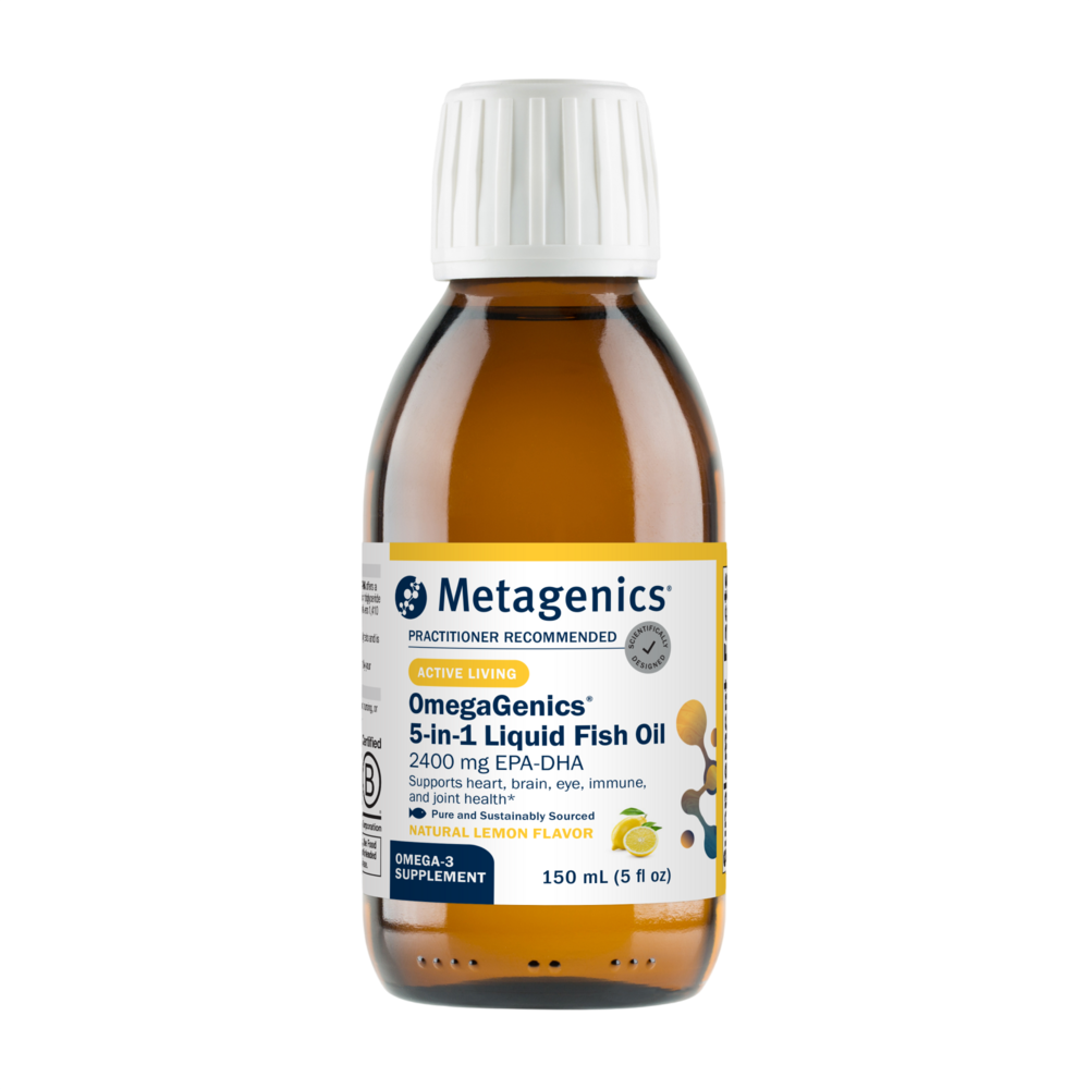A bottle of Metagenics Omegagenics 5 in 1 liquid fish oil.  