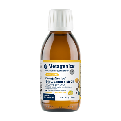 A bottle of Metagenics Omegagenics 5 in 1 liquid fish oil.  