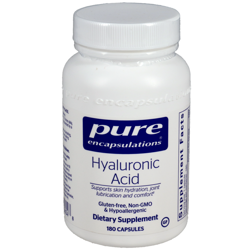 White supplement bottle labeled 'pure encapsulations Hyaluronic Acid' on a white background