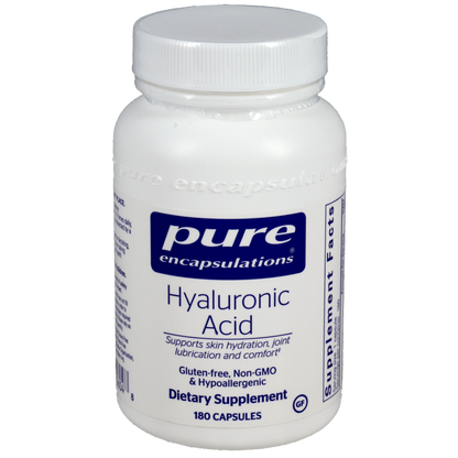 White supplement bottle labeled 'pure encapsulations Hyaluronic Acid' on a white background