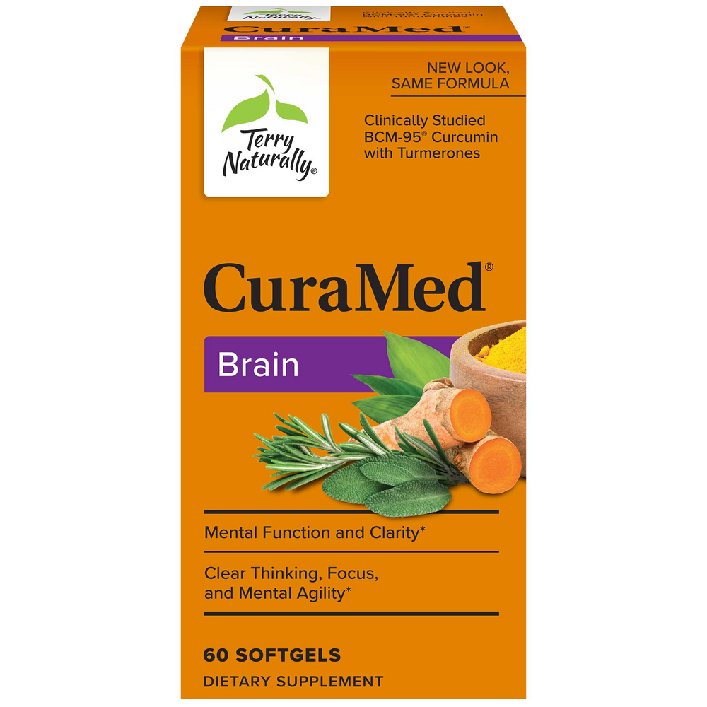Packaging of Terry Naturally CuraMed Brain dietary supplement containing 60 softgels for supporting mental function and clarity with images of turmeric and rosemary on the front.