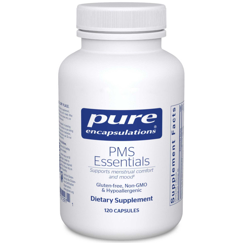 Supplement bottle labeled 'Pure Encapsulations PMS Essentials' on a white background