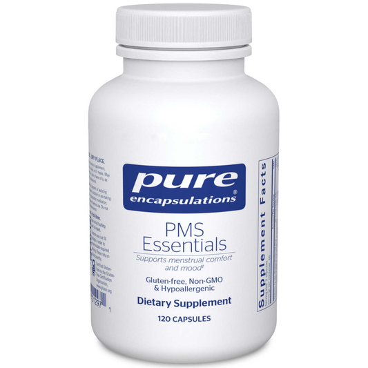 Supplement bottle labeled 'Pure Encapsulations PMS Essentials' on a white background