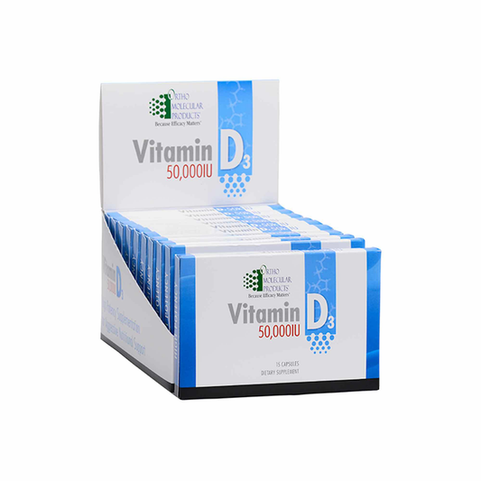 Box of Vitamin D3 capsules with 50,000 IU on a white background