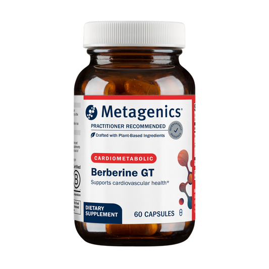 Metagenics Berberine GT dietary supplement bottle on a black background