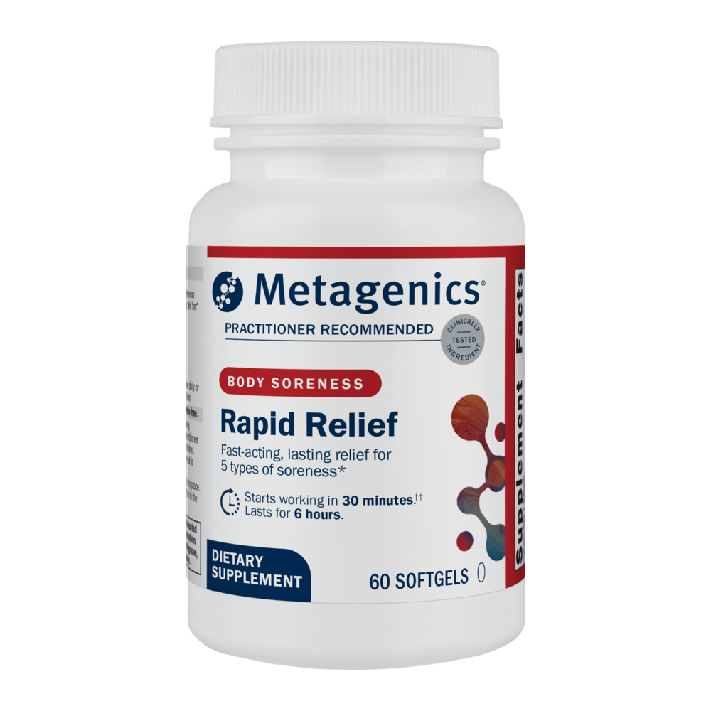 A picture of a bottle of Metagenics Rapid Relief for Body Soreness. 60 Count