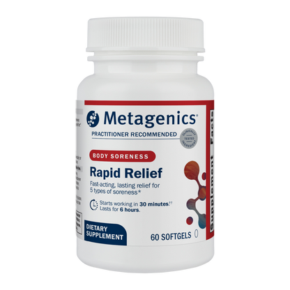 A picture of a bottle of Metagenics Rapid Relief for Body Soreness. 60 Count