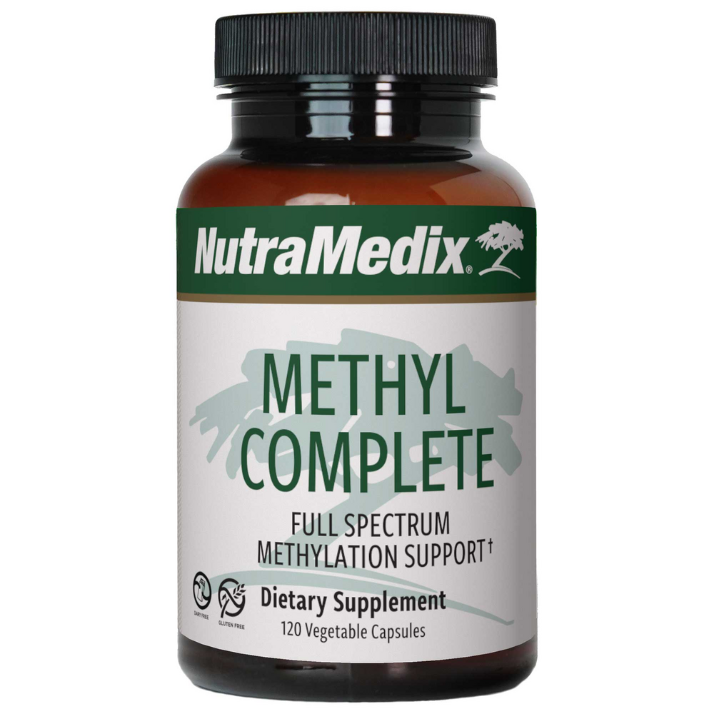 A bottle of Nutramedix Methyl Complete, a dietary supplement designed for methylation support, containing 120 vegetable capsules.
