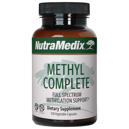 A bottle of Nutramedix Methyl Complete, a dietary supplement designed for methylation support, containing 120 vegetable capsules.