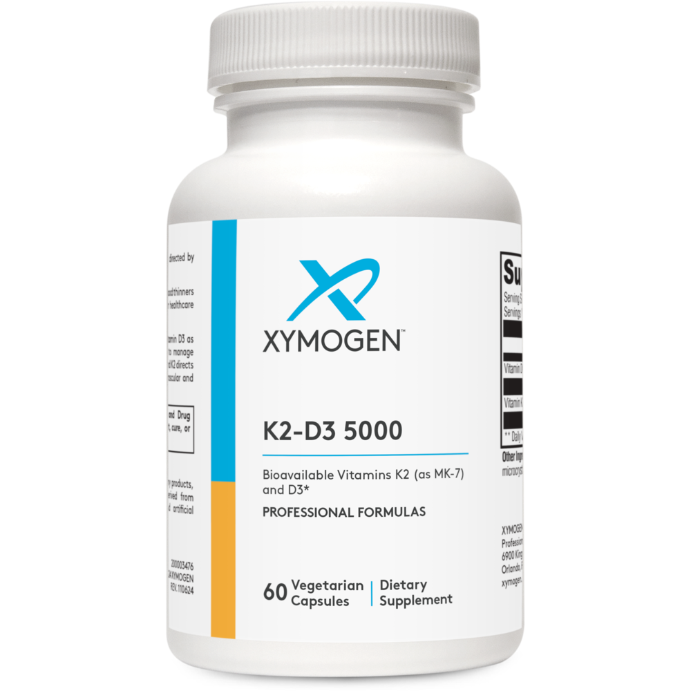 Xymogen K2-D3 5000 dietary supplement bottle on a white background