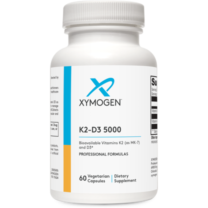 Xymogen K2-D3 5000 dietary supplement bottle on a white background
