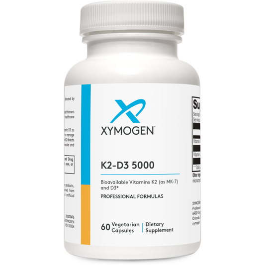 Xymogen K2-D3 5000 dietary supplement bottle on a white background