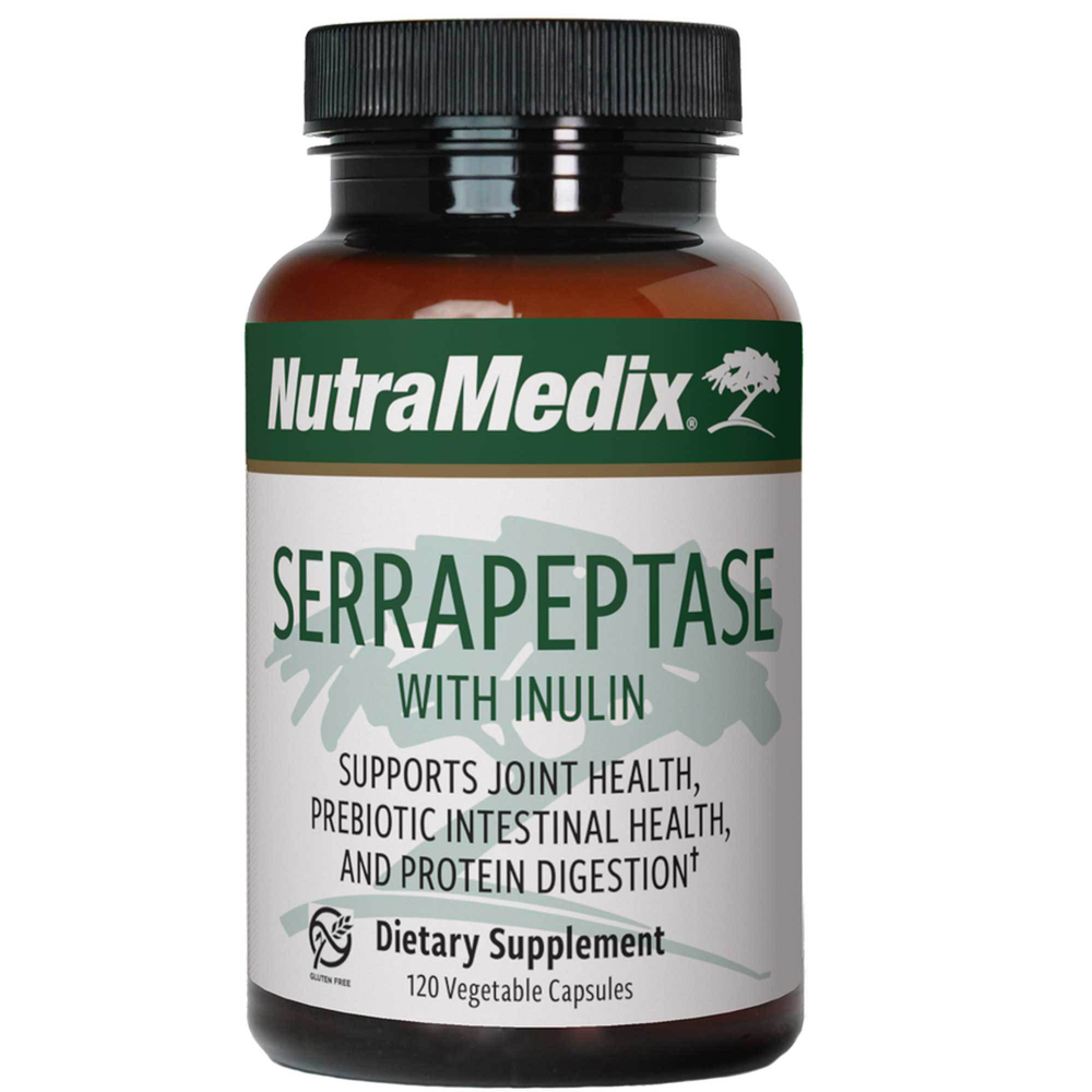 A bottle of Nutramedix Serrapeptase dietary supplement with inulin, marketed to support joint health, prebiotic intestinal health, and protein digestion.