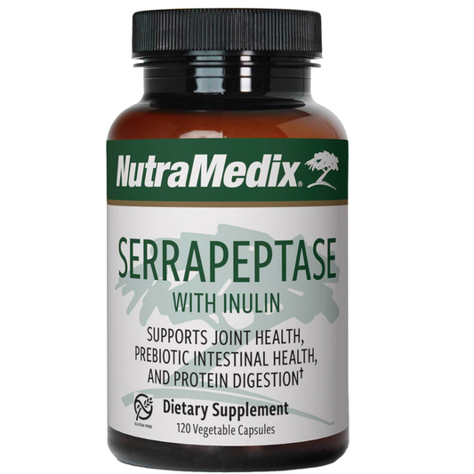 A bottle of Nutramedix Serrapeptase dietary supplement with inulin, marketed to support joint health, prebiotic intestinal health, and protein digestion.