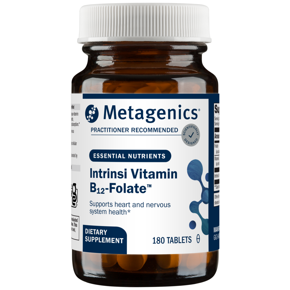 Metagenics Intrinsi Vitamin B12-Folate dietary supplement bottle on a white background