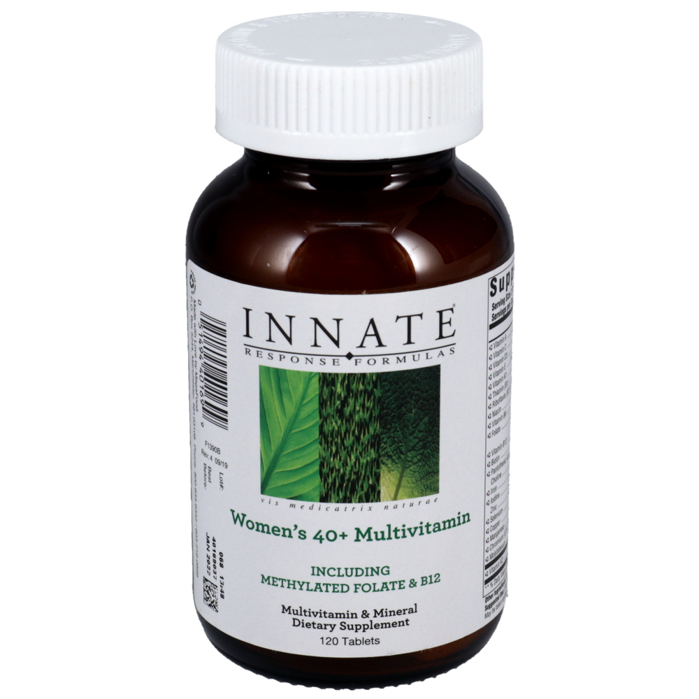 A bottle of Innate Response Women's 40+ Multivitamin, with a label showing the product name and mentions of contained vitamins and minerals.