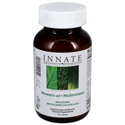 A bottle of Innate Response Women's 40+ Multivitamin, with a label showing the product name and mentions of contained vitamins and minerals.