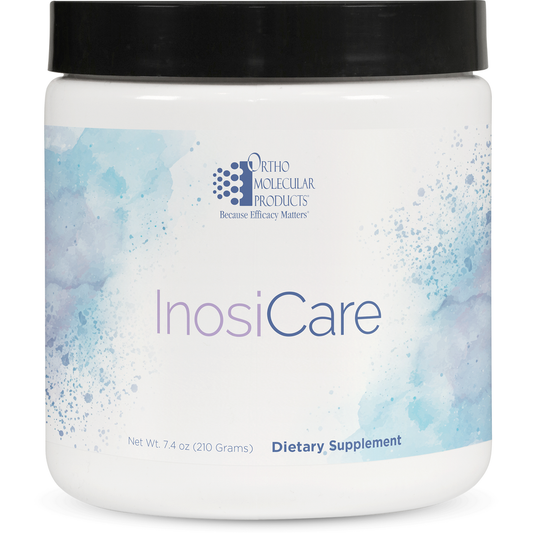 Dietary supplement container labeled 'InosiCare' by Ortho Molecular Products on a white background.