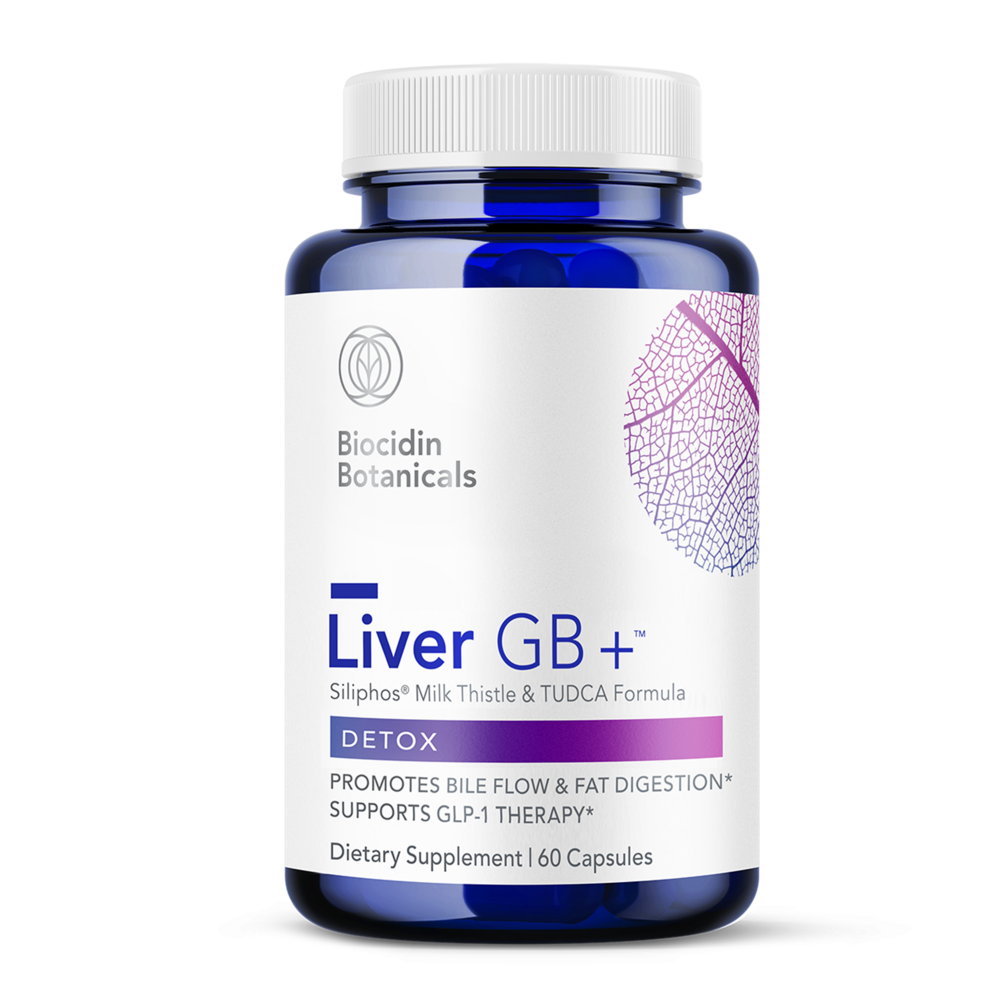 A bottle of Biocidin Botanicals Liver GB+ dietary supplement with 60 capsules, labeled for detoxification support.