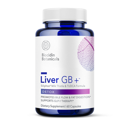 A bottle of Biocidin Botanicals Liver GB+ dietary supplement with 60 capsules, labeled for detoxification support.
