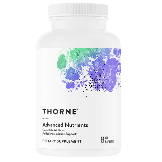 A white bottle of Thorne Advanced Nutrients dietary supplement with a colorful watercolor splash design in green, blue, and purple on the label.
