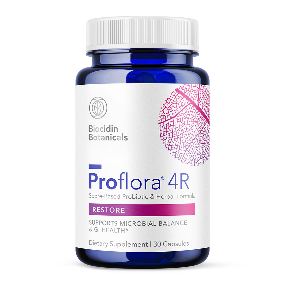 A bottle of Biocidin Botanicals Proflora4R, a spore-based probiotic and herbal formula in a blue bottle with a white and pink label, indicating it supports microbial balance and GI health with 130 capsules inside.
