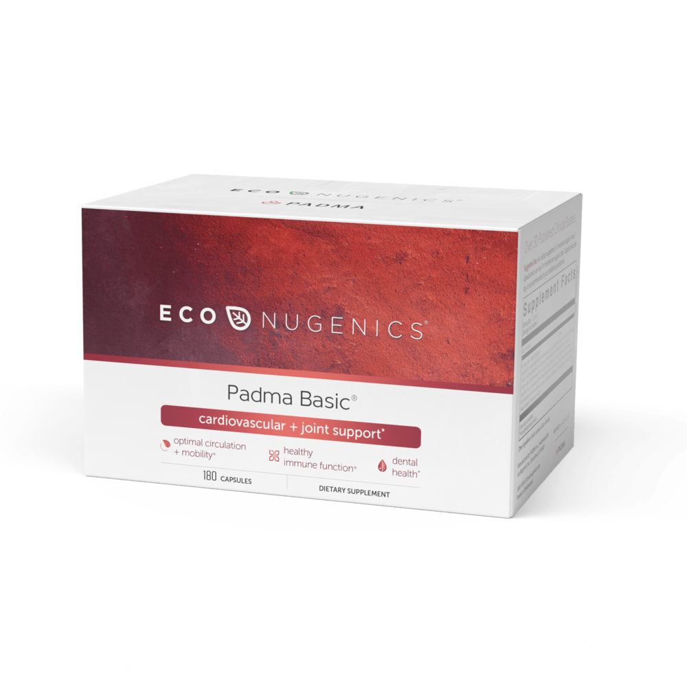 A box of EcoNugenics Padma Basic capsules, with branding and product information displayed on the packaging.