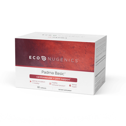 A box of EcoNugenics Padma Basic capsules, with branding and product information displayed on the packaging.
