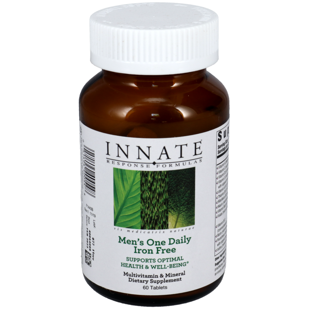 A bottle of Innate Response Men's One Daily Iron Free multivitamin supplement with 60 tablets, displaying label with product information.
