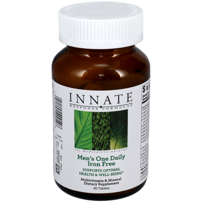 A bottle of Innate Response Men's One Daily Iron Free multivitamin supplement with 60 tablets, displaying label with product information.