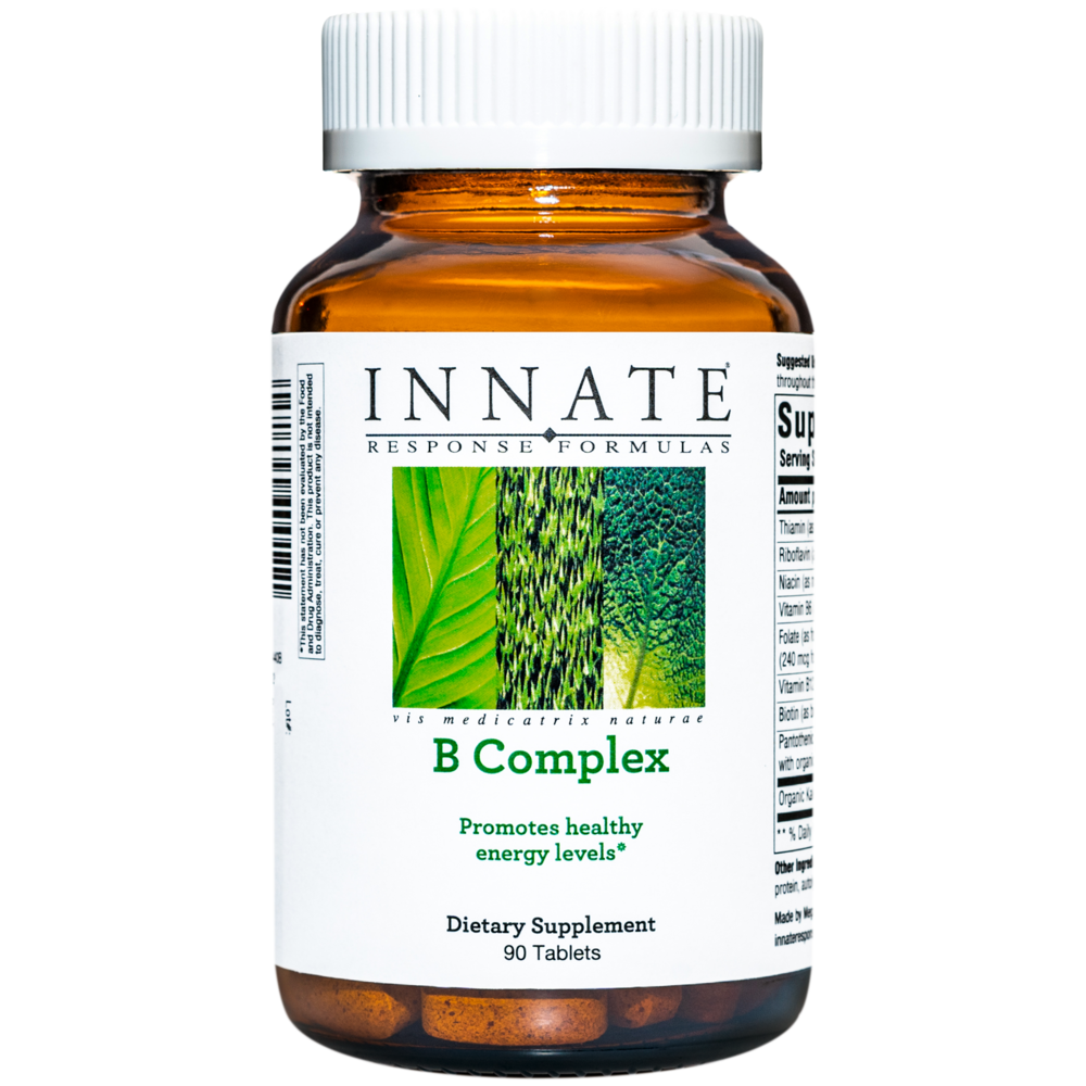 A bottle of Innate Response B-Complex dietary supplement with 90 tablets, labeled as promoting healthy energy levels.