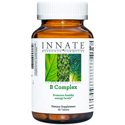 A bottle of Innate Response B-Complex dietary supplement with 90 tablets, labeled as promoting healthy energy levels.