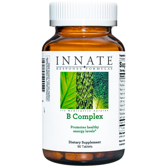 A bottle of Innate Response B-Complex dietary supplement with 90 tablets, labeled as promoting healthy energy levels.