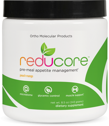Jar of Ortho Molecular Products reducore dietary supplement with green and white design.