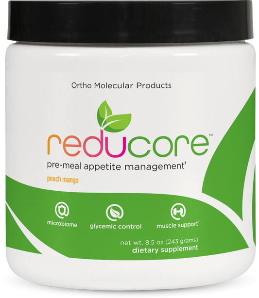 Jar of Ortho Molecular Products reducore dietary supplement with green and white design.