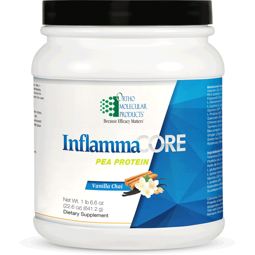 Container of Ortho Molecular Products InflammaCORE Pea Protein on a white background