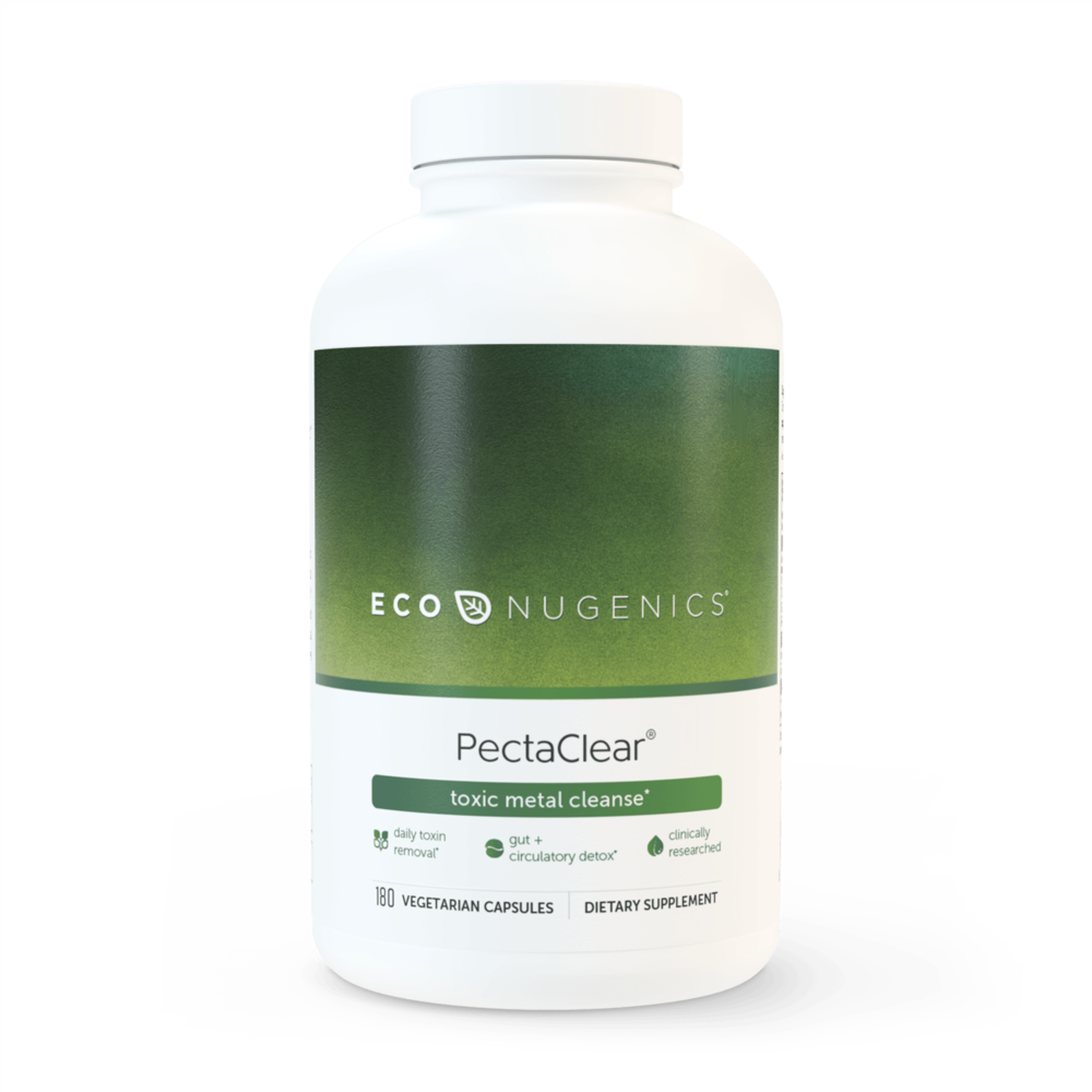 A bottle of EcoNugenics PectaClear detox formula with 180 capsules, labeled as a toxic metal cleanse, vegetarian capsules, and dietary supplement.