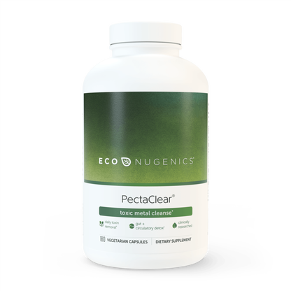 A bottle of EcoNugenics PectaClear detox formula with 180 capsules, labeled as a toxic metal cleanse, vegetarian capsules, and dietary supplement.
