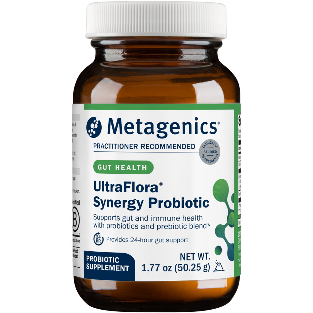 Metagenics UltraFlora Synergy Probiotic bottle on a white background