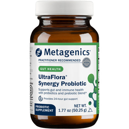 Metagenics UltraFlora Synergy Probiotic bottle on a white background